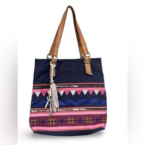 Stylish FOSSIL Leather and Canvas Navy Blue, Pink, and Silver Satchel Tote Bag